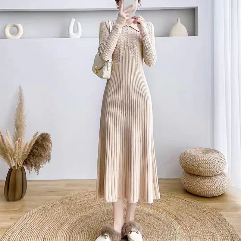 Lapel knitted dress autumn and winter women's long over-the-knee solid color pleated waist slimming bottoming long sleeve sweater dress