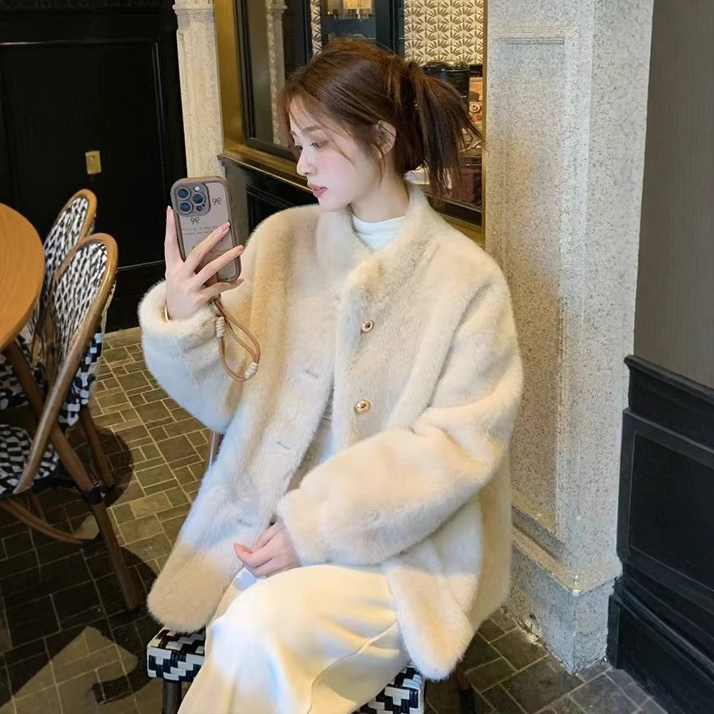 2025新款加厚水貂绒皮毛一体毛毛外套女冬季短款立领环保皮草大衣