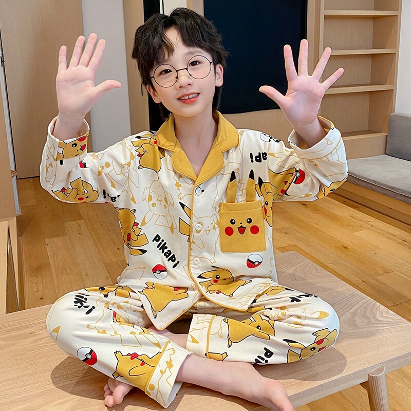 Children's Pajamas Boy's Cotton Long Sleeve Spring Korean Style Cartoon Big Boy's Parent-Child Home Clothes suit Cotton