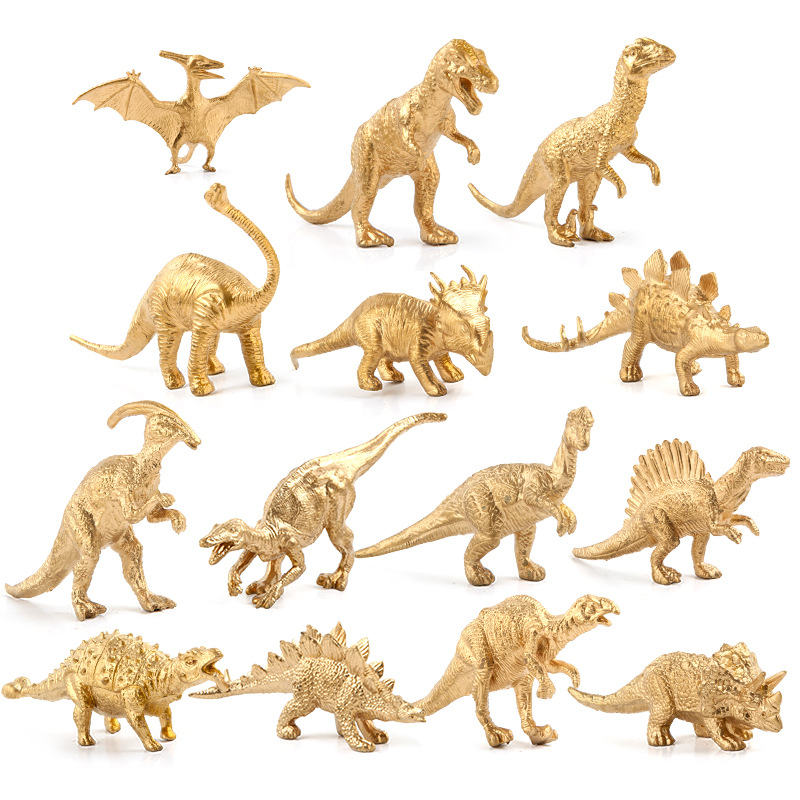 Serie de dinosaurios jurásicos, edición mini, juego de 14 piezas de modelos de animales de dinosaurios simulados dorados, juguetes de espinosaurio y velociraptor