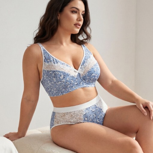 European and American Cross-Border Plus-Size Sexy Printed Lace Lingerie Set, Large Bust Minimizing Erotic Lingerie