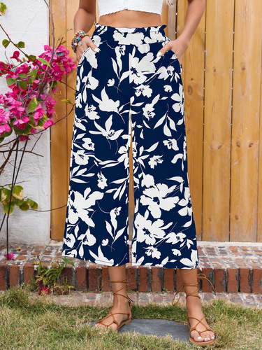Independent station European and American printed pants, elastic waist wide-leg pants for women, casual nine-inch pants, show long legs