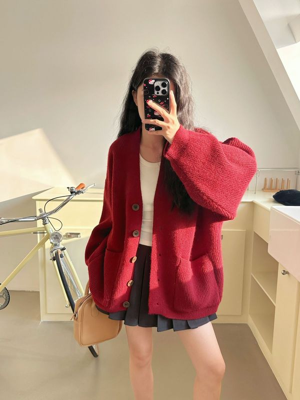 高级感慵懒风蓝色v领毛衣外套针织开衫女2025新款松弛感宽松上衣|undefined