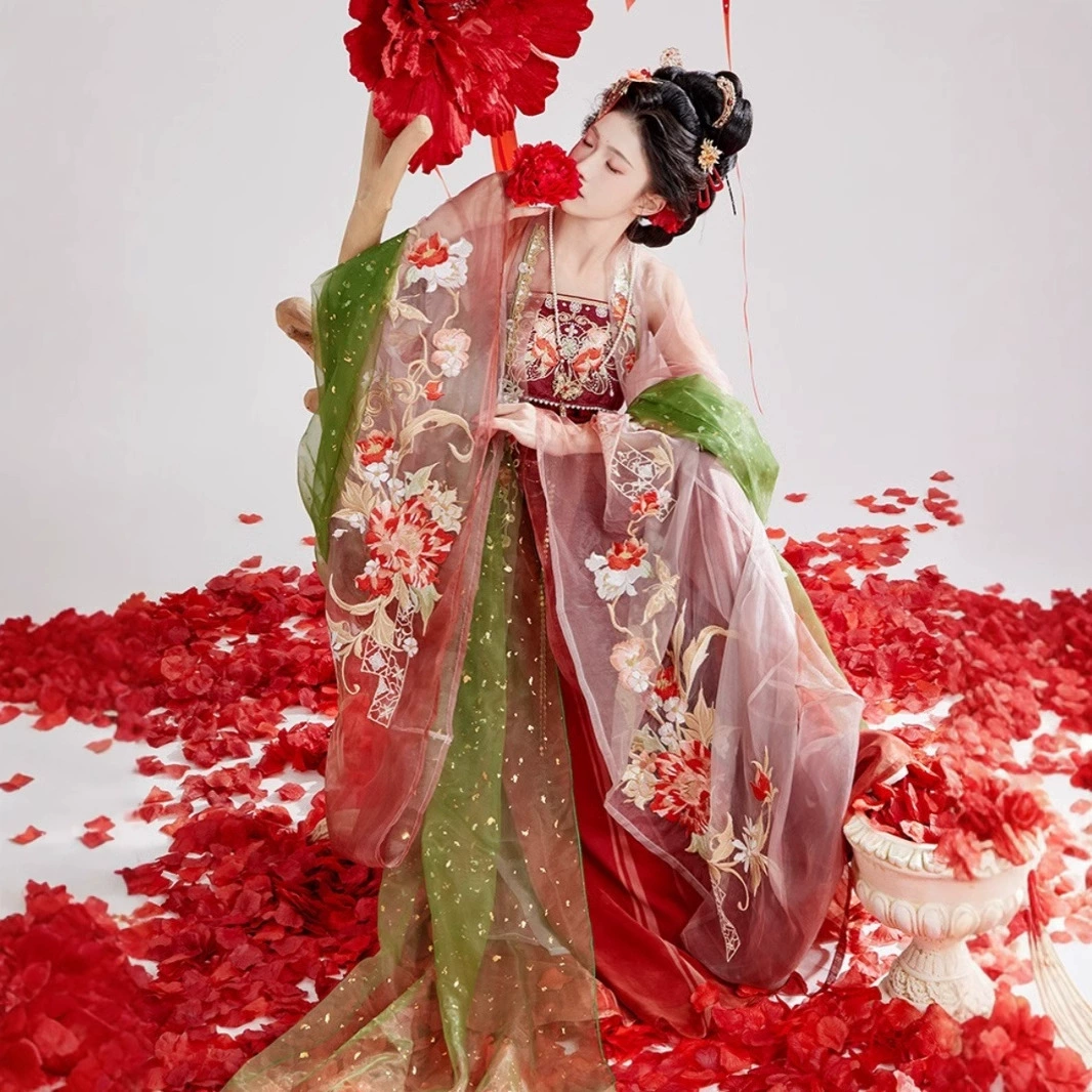 Jade Original Hanfu Girl [Camellia] Тяжелая промышленность вышитая рубашка с большими рукавами