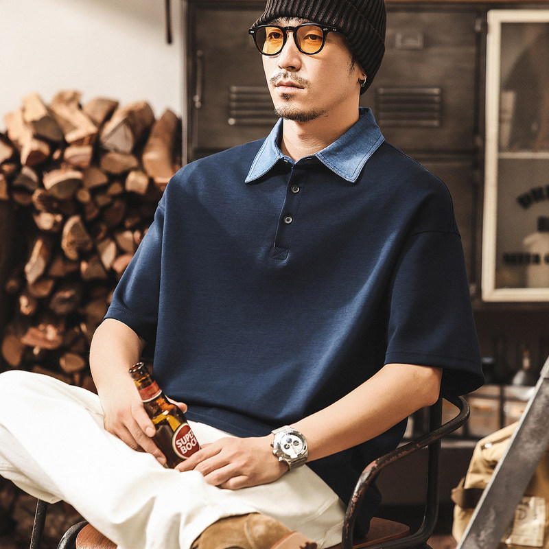 Ice-Cooling Liquid Cotton Short-Sleeved T-Shirt for Men Summer 2026 New American Retro Fake Two-Piece Polo Shirt for Men