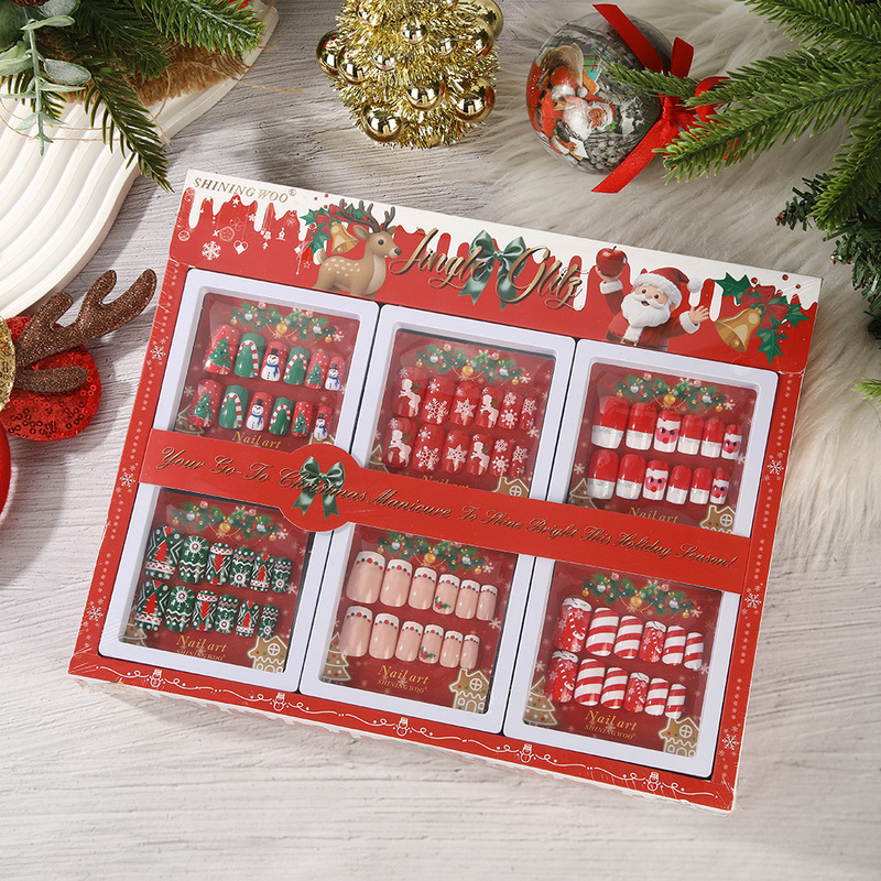 Cross-Border Direct Supply of Christmas-Themed Cute Wearable Nails with a Girly, Sweet Vibe, Nail Stickers with Hand-Painted 3D Cartoon Designs