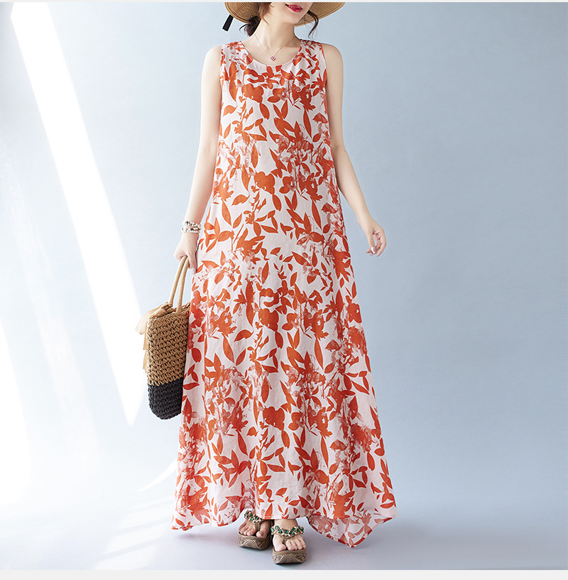 Real Shot Of The 2024 Summer New Bohemian Artistic Loose Sleeveless Round-neck Printed Mid-length Dress For Women_ecoleips.com