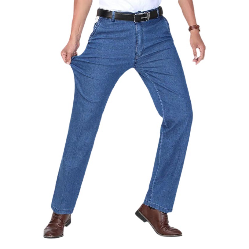 La primavera y el verano nuevos pantalones vaqueros del estiramiento de los hombres rectos sueltos hombres de mediana edad de negocios pantalones casuales de los hombres entrega de una sola pieza