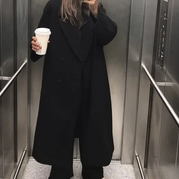 Soft Loose Mid-length Coat Women's 2024 Autumn European and American Spice Girls Lapel Double-breasted Long-sleeved Coat