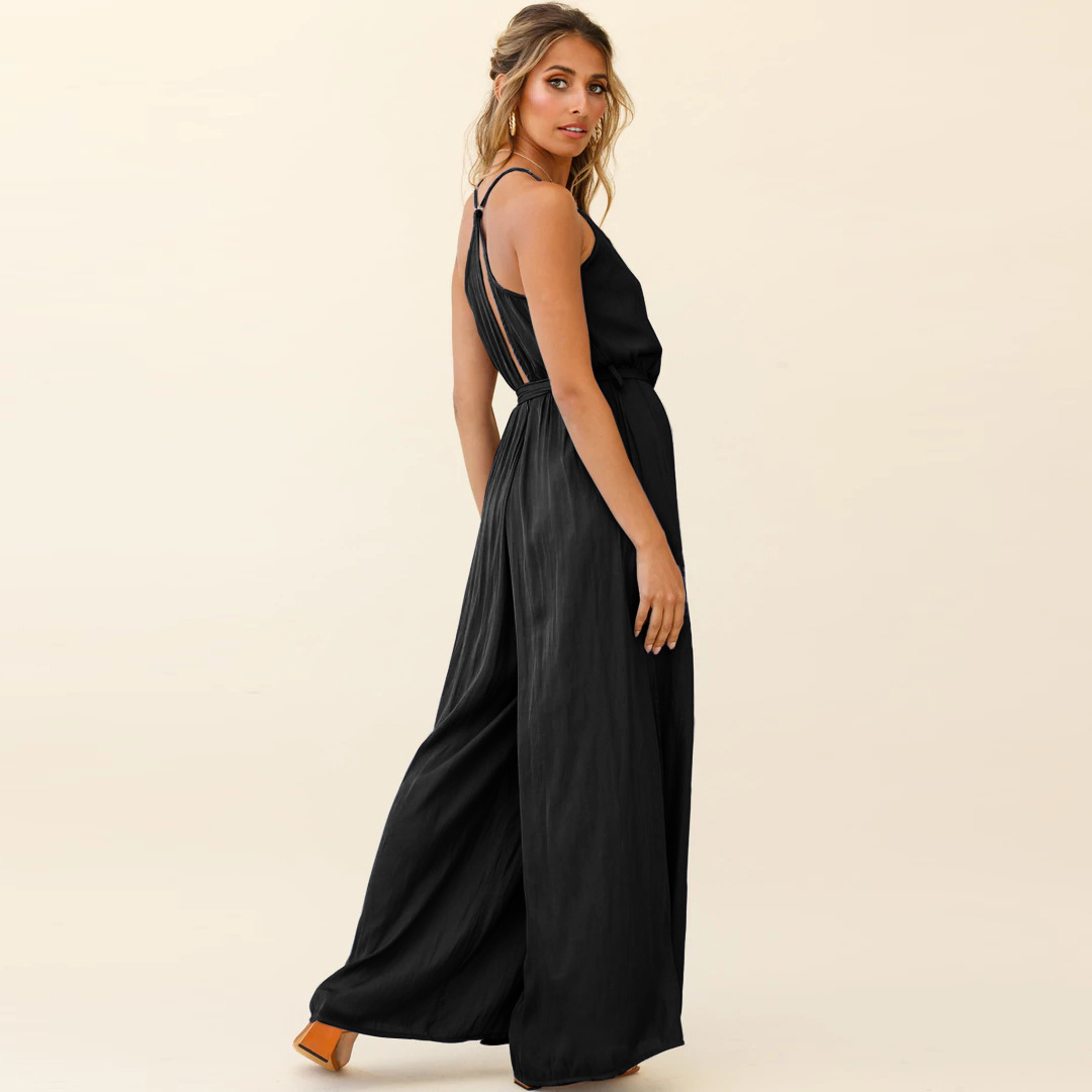 V-neck suspender wide-leg slit lace-up solid color jumpsuit NSMDF131112