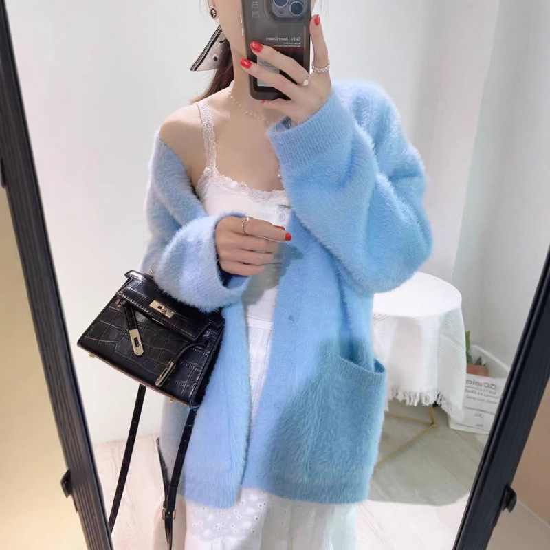 慵懒风仿水貂绒毛衣外套女秋冬日韩宽松大版口袋V领针织开衫女|undefined