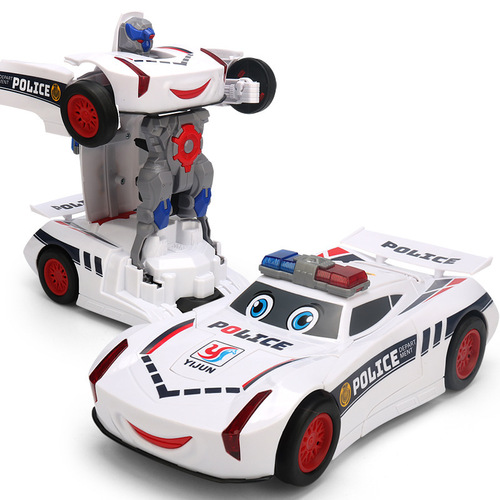Electric police car transforming robot toy car with colorful lights and music, swivel movement car model, children's wholesale
