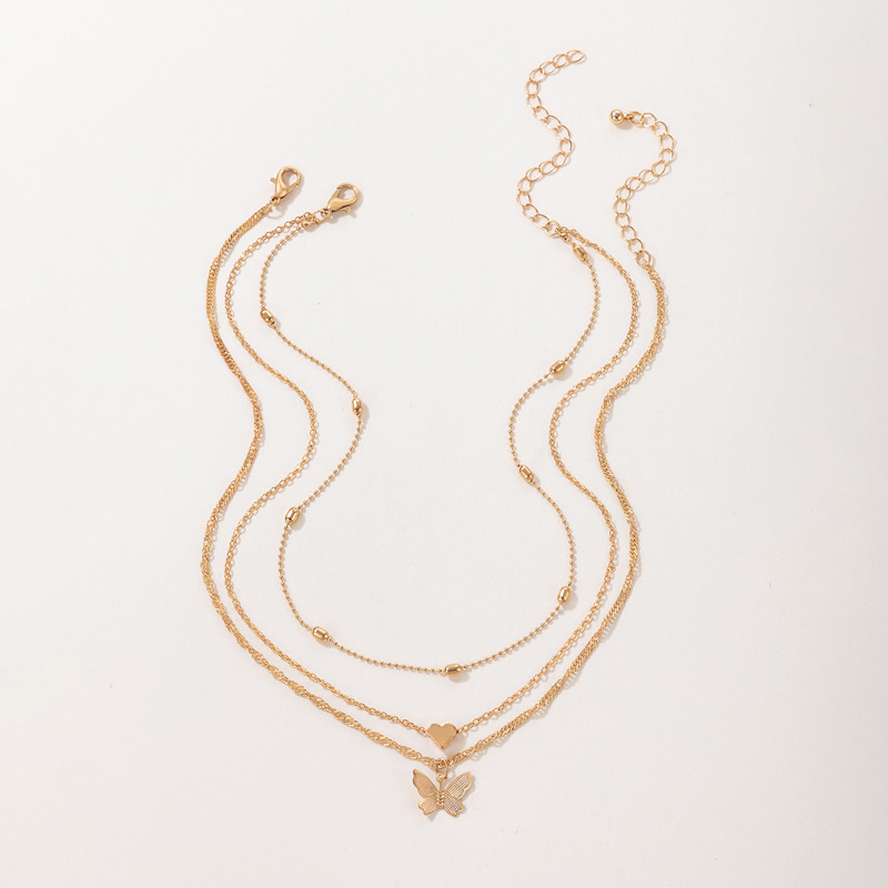 Heart Shape, Butterfly Pattern Basic Modern Style Classic Style Heart Shape Butterfly Alloy Wholesale Three Layer Necklace