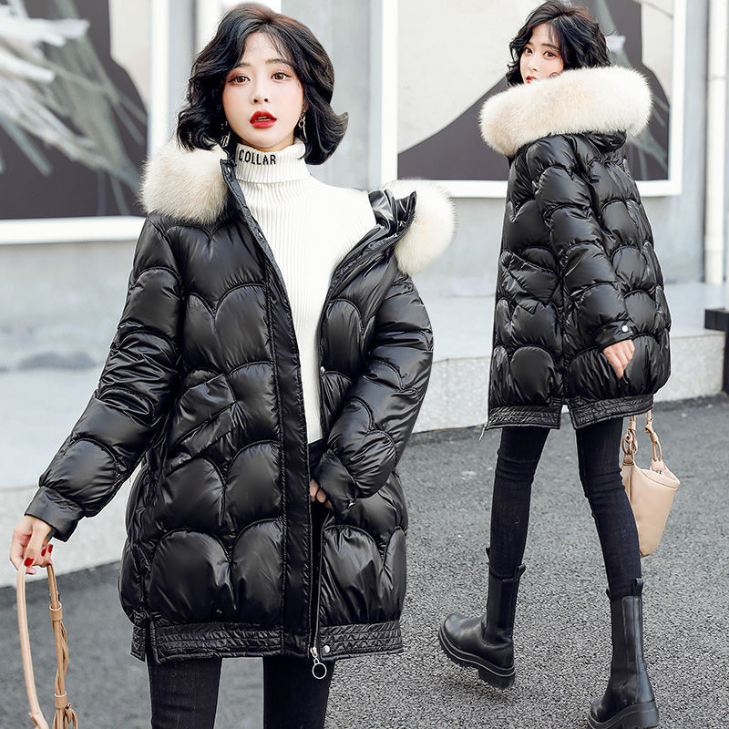 Cara brillante y colorida ropa de algodón de pluma media y larga para mujeres 2021 nuevo invierno coreano suelto de moda gruesa abrigo de algodón image 3