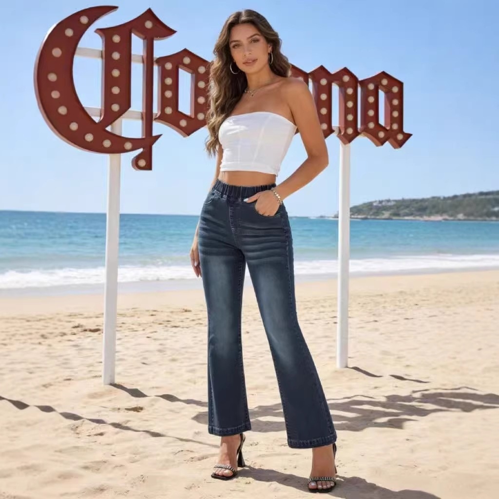 Cross-Border Exclusive Supply for Amazon Independent Sites: High-Quality Elastic Waist High-Stretch Jeans for Women, Slim Fit, Butt-Lifting, Slightly Flared Pants