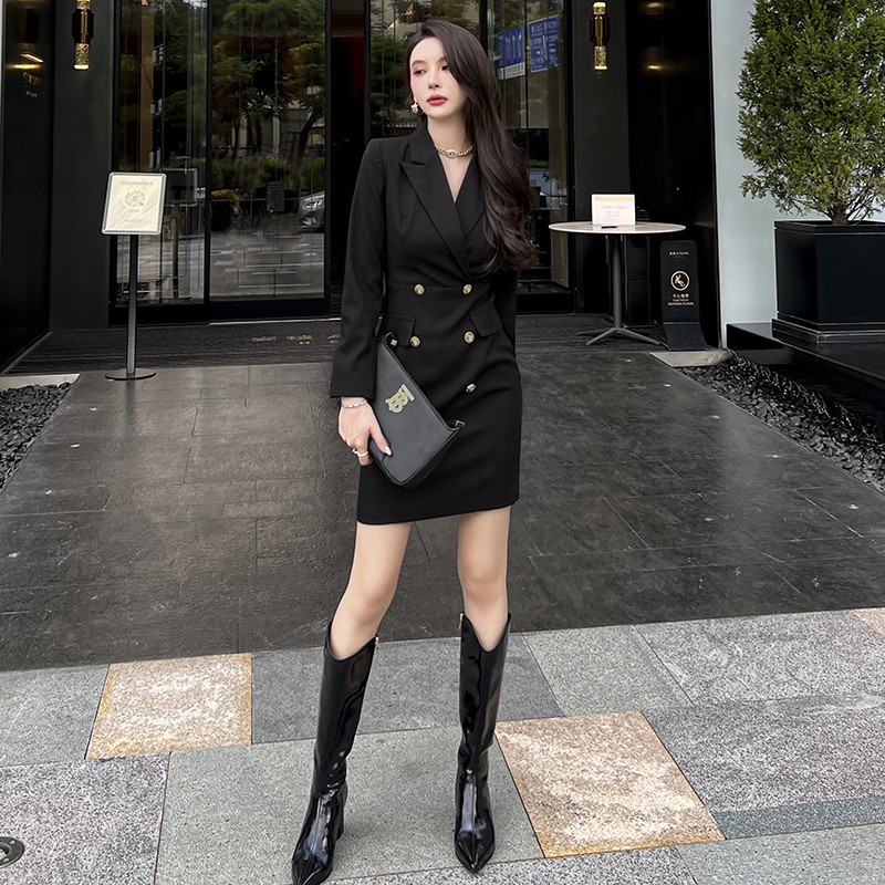 Đầm blazer nữ công sở kiểu dáng thời trang Pháp, tay dài, cổ ve — Màu đen