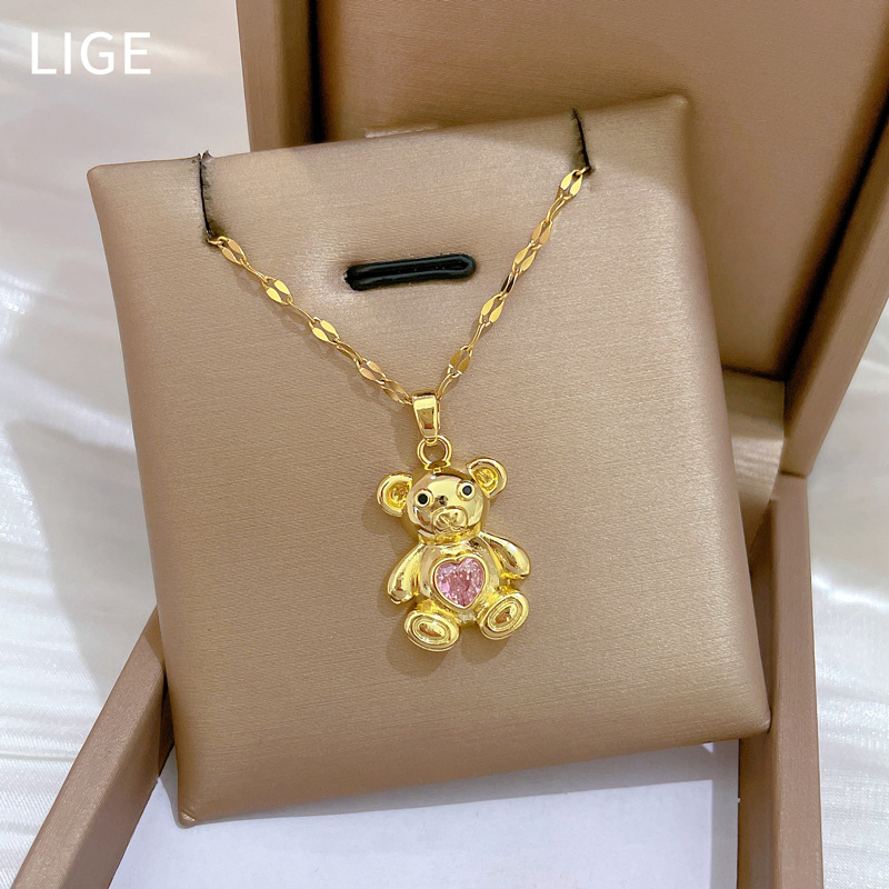 Gorgeous Pink Bear Necklace Full Diamond Luxury Temperament Chain_voghion.com