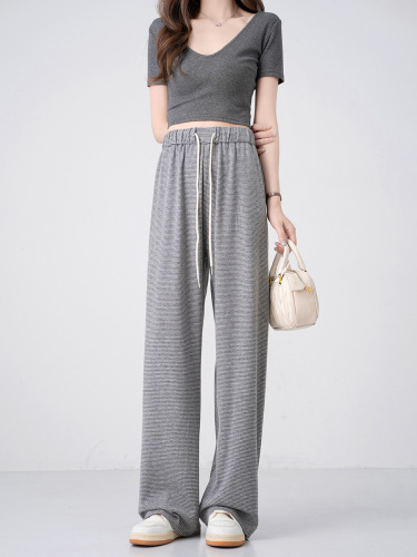 Women's Thick Striped Texture Wide Leg Pants with Fleece for Autumn and Winter, Flowy and Slimming High-Waisted Leisure Style Floor-Length Straight Leg