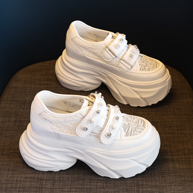 Giày sneaker nữ đế dày chunky, mặt lưới thoáng khí, gắn đá, dán Velcro — Màu trắng