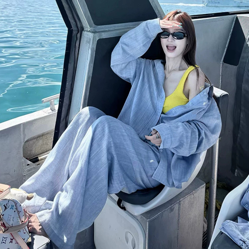 Original High-Quality Rl Ralph Glacier Blue Shirt Tencel Linen Shirt + Casual Pants Set for Women in Vacation Style Original High-Quality Rl Ralph Glacier Blue Shirt Tencel Linen Shirt + Casual Pants Set for Women in Vacation Style