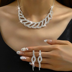 2024新款時尚歐美 婚禮裝飾 銀色鑲鑽新娘禮服項鍊耳環首飾套裝