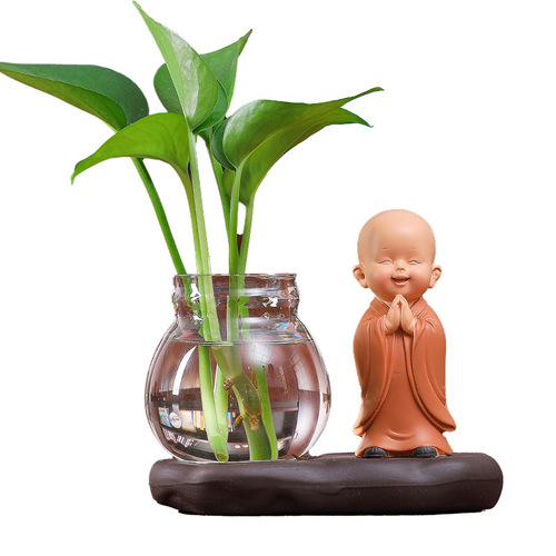 Creative Chinese vase living room cute Huiwu little monk transparent glassware green radish hydroponic little monk ornaments