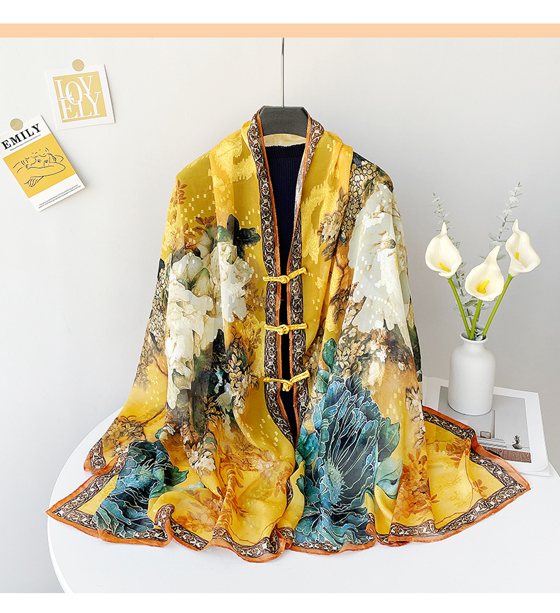 Neuer Sonnenschutz-Schal aus hohlem Seidenschal für Damen mit Pfingstrosen-Print in Gold_voghion.com