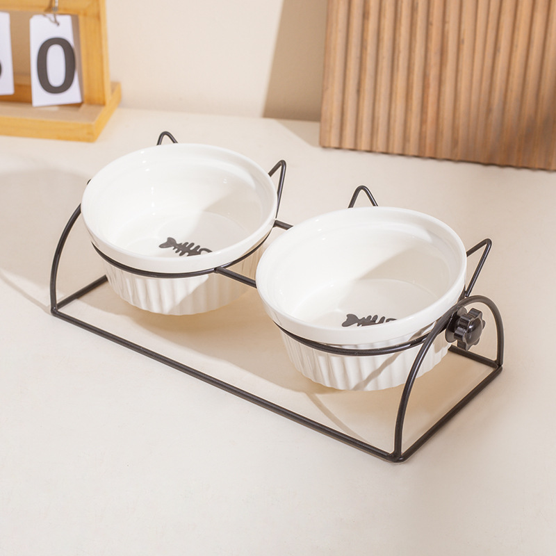 Tazón de cerámica para gatos, cuello de protección de pies altos, soporte de fijación de doble tazón anti-derroque para mascotas, tazón de alimentación para perros y gatos, ángulo de inclinación ajustable