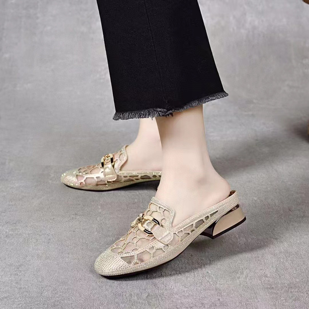 Dép sandal nữ quai ngang lưới mũi vuông gót thấp kiểu Anh thoáng khí — đen chi tiết 5