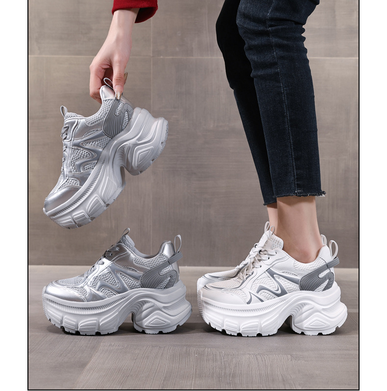 Giày sneaker nữ đế dày chunky mesh thoáng khí, tăng chiều cao bên trong — Màu trắng chi tiết 17