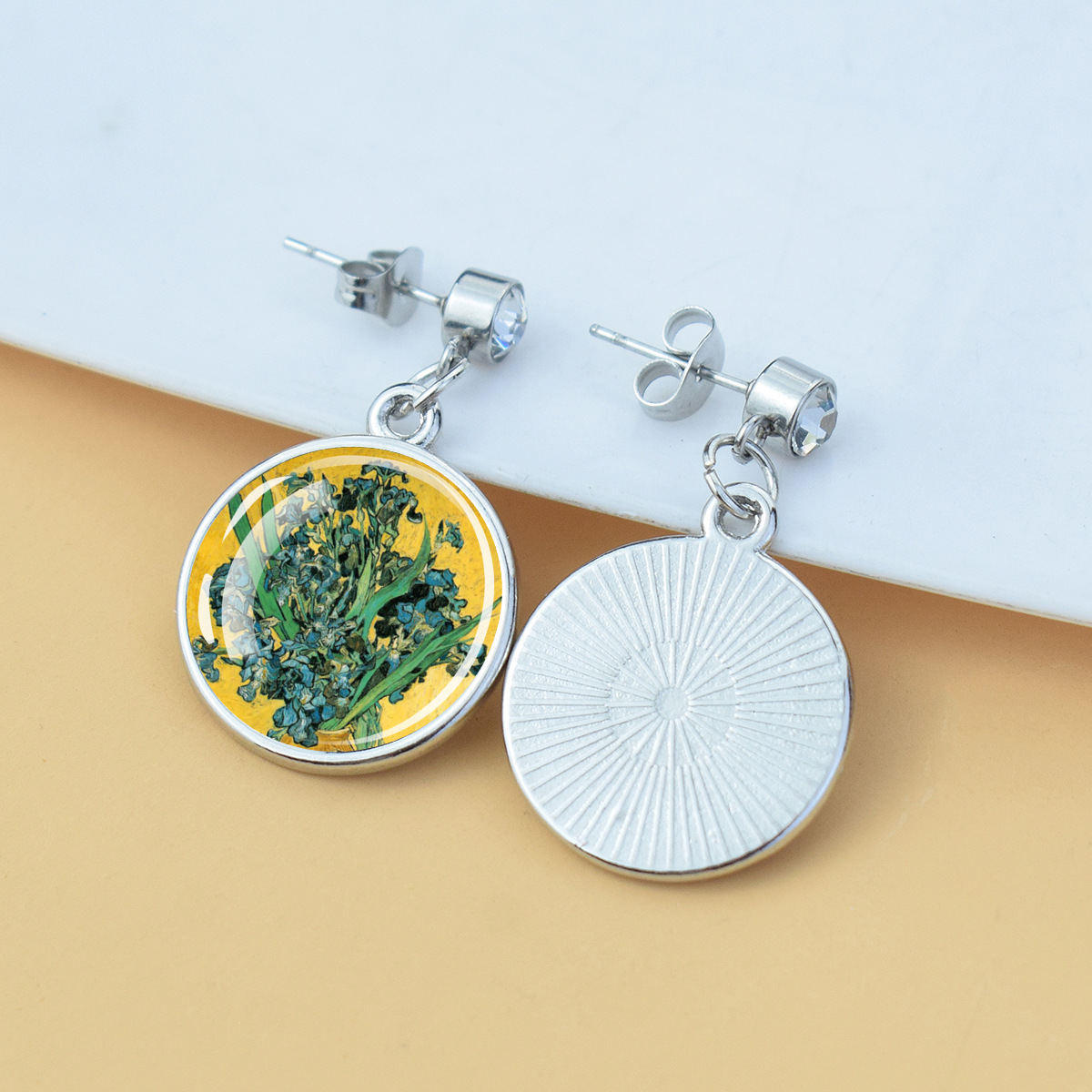 Pendientes de diamantes brillantes de flores Iris de girasol Van Gogh Art Starry Sky Pintura al óleo Pendientes de estilo europeo y americano medieval