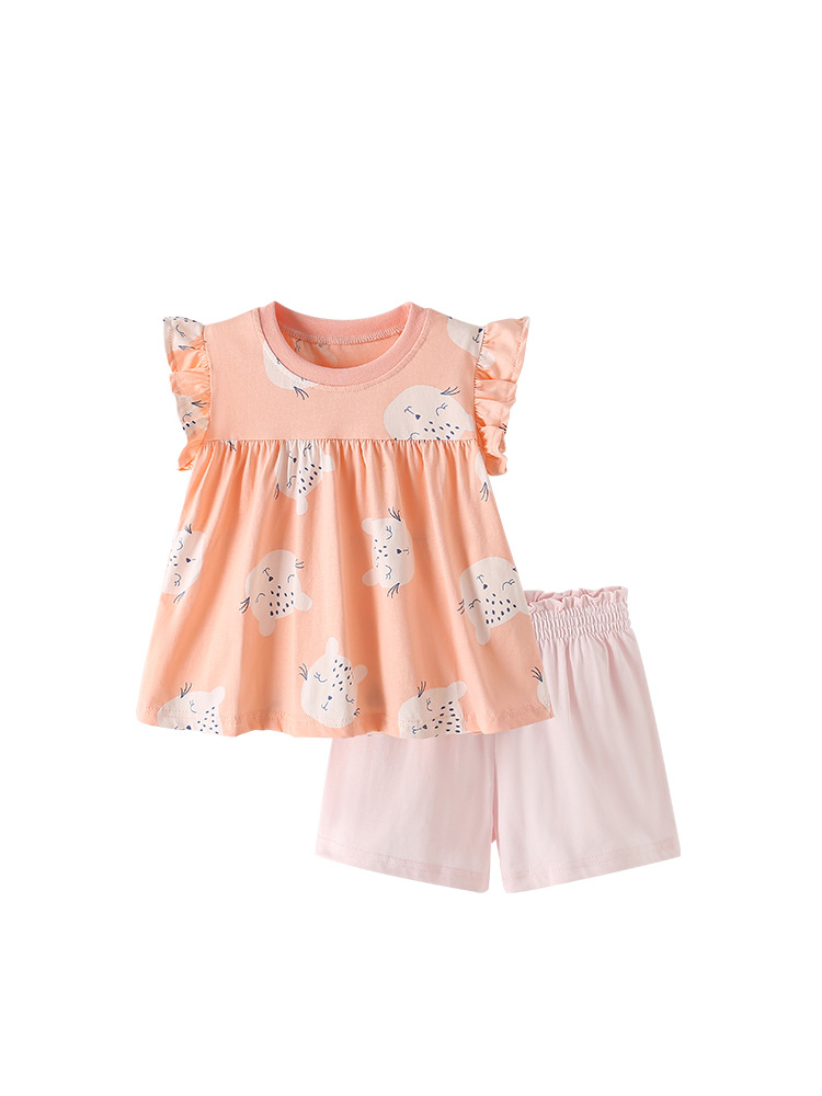 Traje de niña malwee transfronterizo, nuevo estilo de verano, cuello redondo, traje de dos piezas para niños pequeños y medianos europeos y americanos, ropa linda para niñas