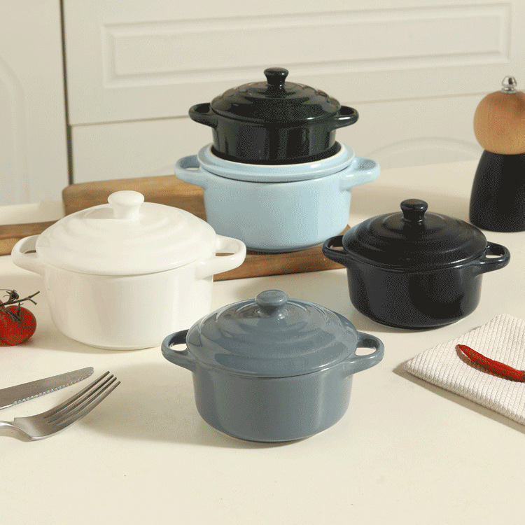 Creative Ceramic Double-Eared Bowl with Lid for Household Baby Steamed Egg Food Supplement Small Bowl Breakfast Bird's Nest Dessert Bowl Water-Proof Stew Cup