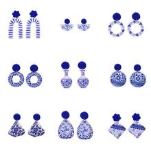 中国风亚克力复古印花仿青花瓷银针耳钉耳饰优雅女几何耳饰 批发