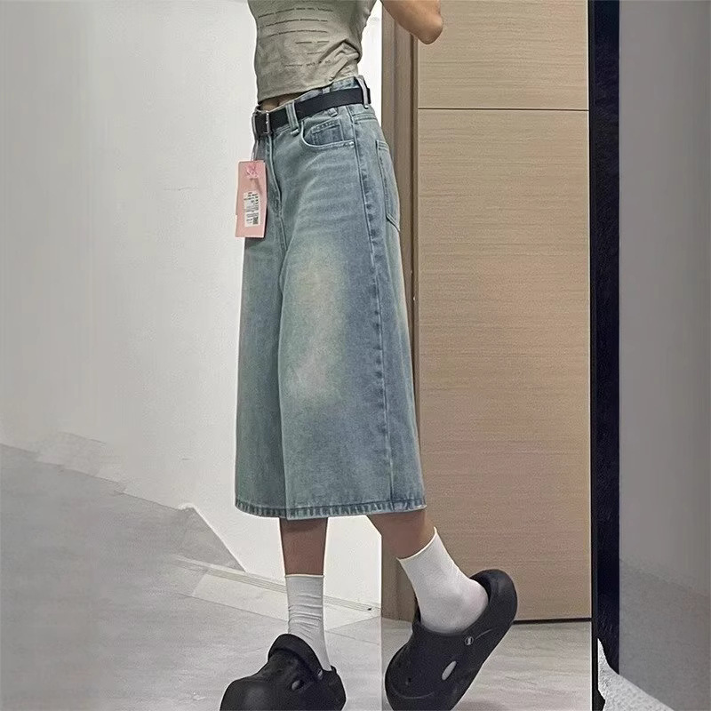 American Retro Wide-Leg Cropped Jeans for Women, Summer New High Street Vibe Petite Versatile Plus-Size Mid-Length Pants