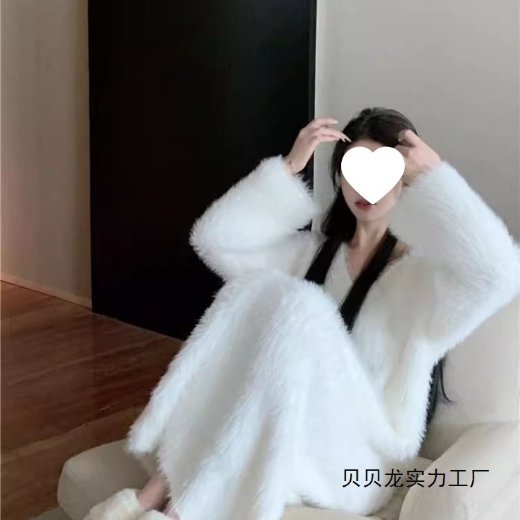 2025白色水貂绒马海毛毛衣针织连衣裙女秋冬新款温柔宽松长裙子