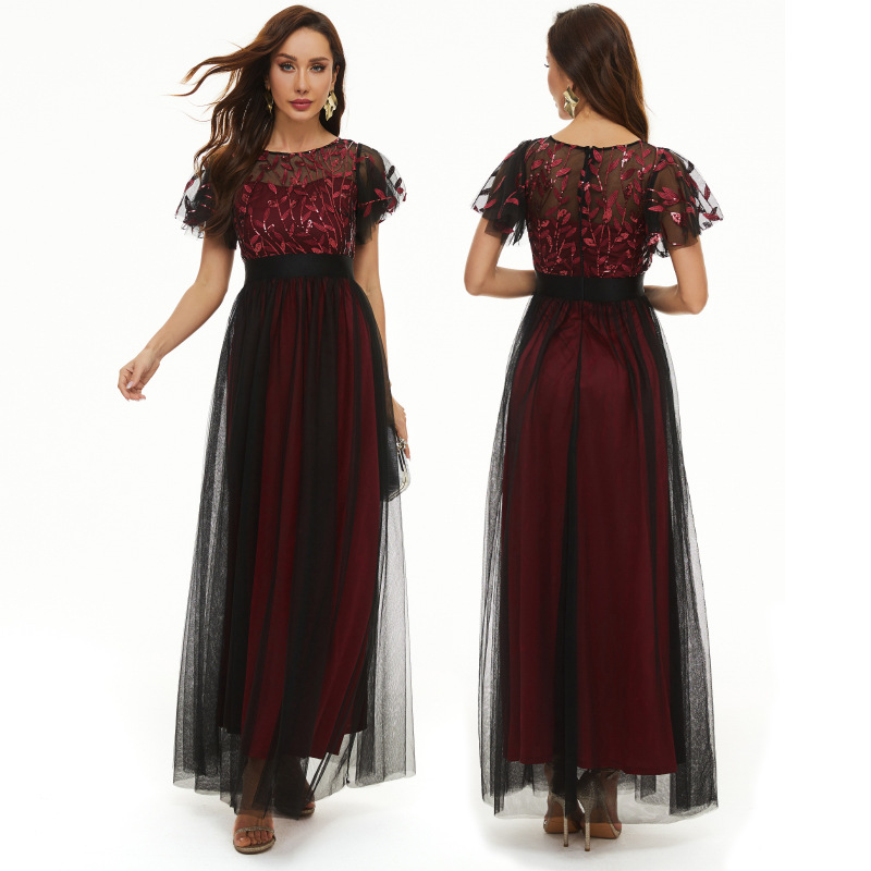 Vestido de lentejuelas manga corta cuello redondo pettiskirt vestido de noche cintura alta elegante dama de honor brindis vestido banquete ropa 115