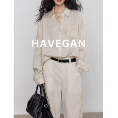 与间HAVEGAN/天丝亚麻长袖衬衫女老钱风气质休闲慵懒复古通勤上衣