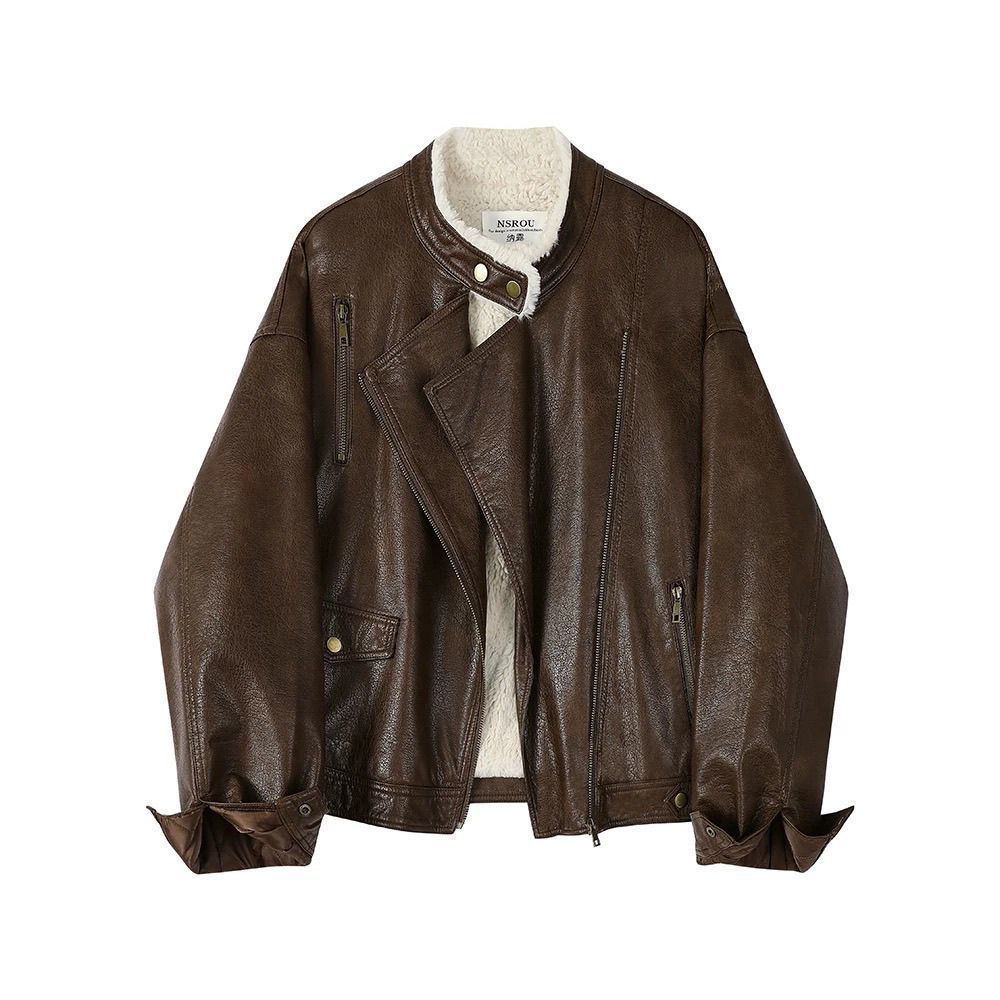 Retro Maillard Motorcycle Leather Jacket Fleece-Lined Short Jacket for Women 2025 New Popular Autumn and Winter High-End Jacket