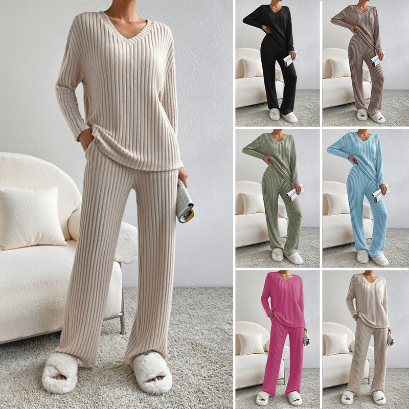 Cross-Border Two-Piece Set for Women 2025 Autumn New Fashion Casual Straight Pants Elegant Loose V-Neck Ribbed Knit Set