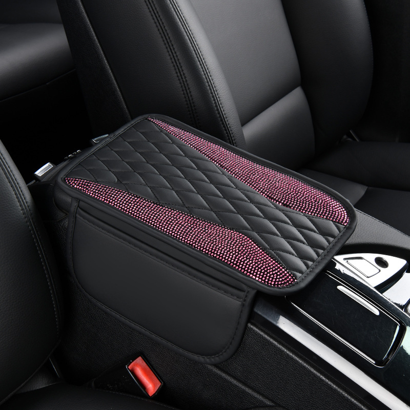 Manufacturer Shiny Diamond Car Armrest Box Pad Crystal Rhinestone with Side Pocket Interior Central Leather Elbow Protector Cover