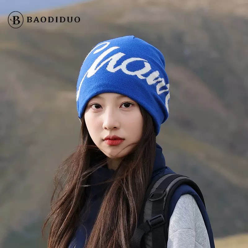 秋冬美式字母保暖针织帽男女嘻哈滑板护耳套头帽大头围显脸小冷帽