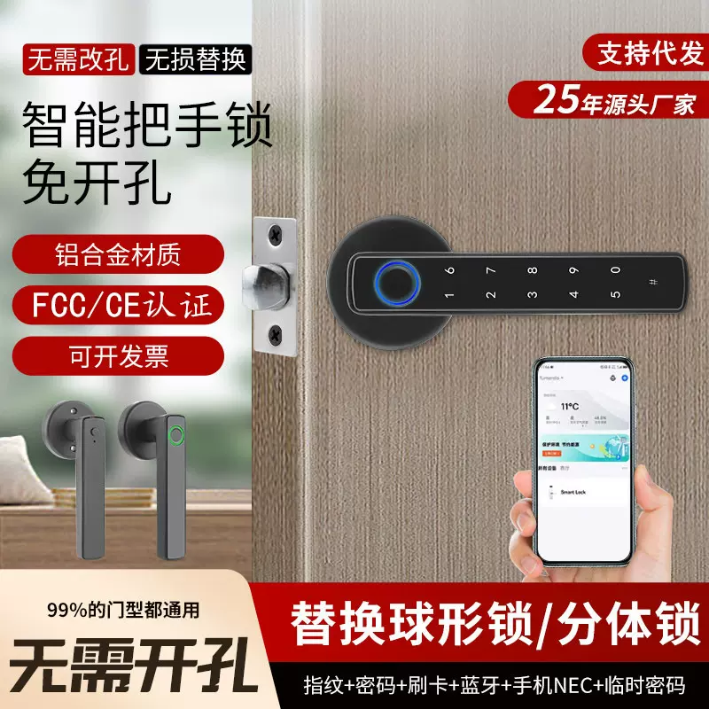 汇力跨境智能把手锁蓝牙涂鸦指纹一握开办公室球形智能密码锁厂家