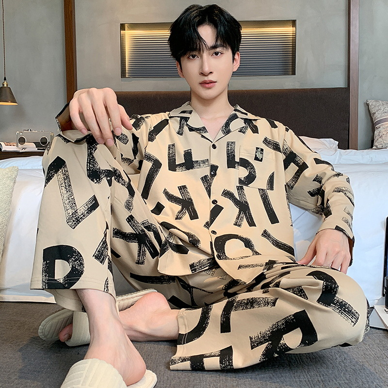 Spring and Autumn Pure Cotton Pajamas Men's Lapel Printed Long-Sleeved Pants Suit Accessible Luxury Cotton Casual Loose Home Clothes