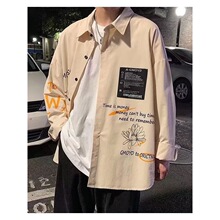 时尚开衫外套男士衬衫休闲帅气原宿风字母印花设计感长袖翻领衬衫