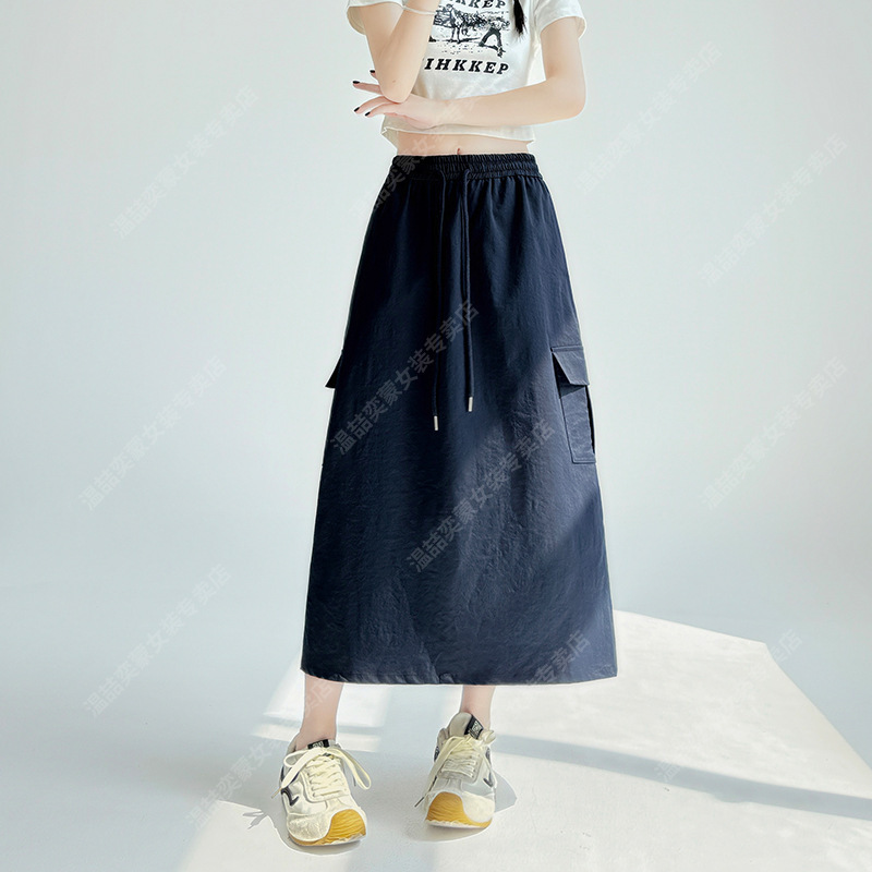 白色抽绳工装裙女夏季2025新款中长款开叉高腰显瘦a字美式半身裙|undefined