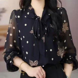 Высококачественная черная шифоновая рубашка для мамы, популярная в 2025 году, летняя, с принтом, тонкая, в западном стиле.