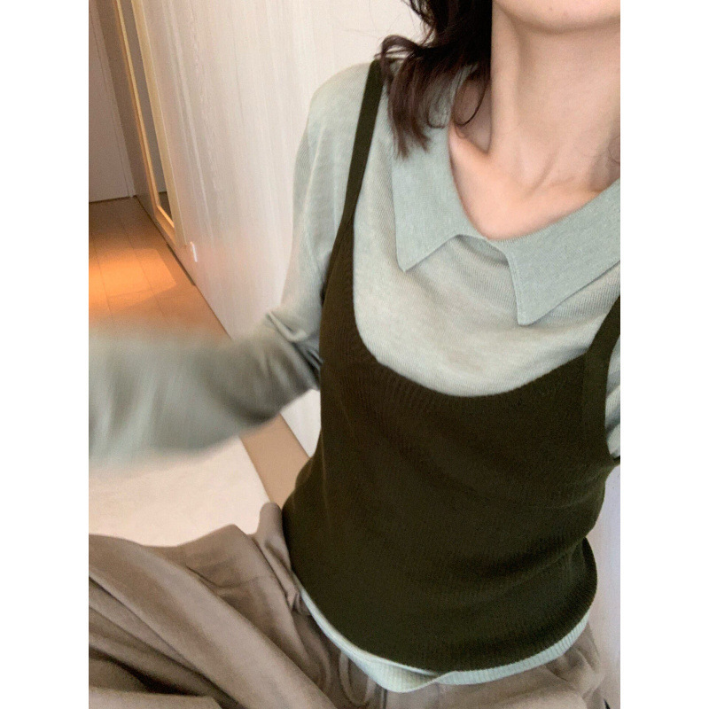 Yishouyitong Autumn Korean-style retro breathable camisole two-piece set + women's outerwear with a turn-down collar knit sweater