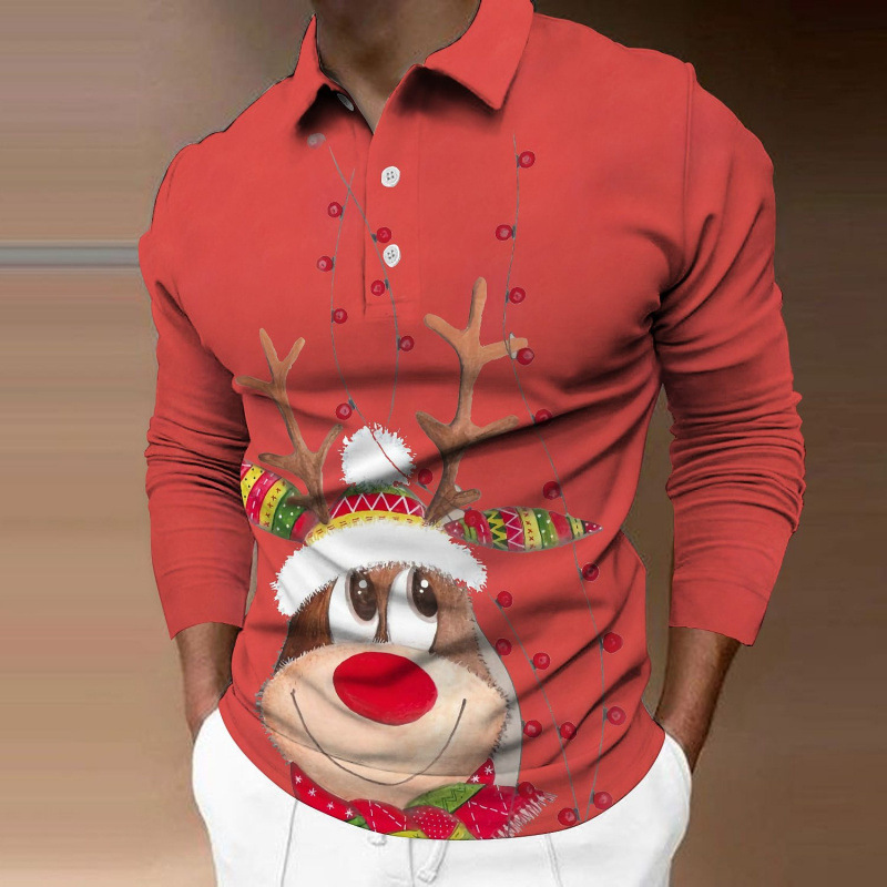 Cross-Border 3D Long-Sleeved Button Printed Polo Shirt Lapel Men's Christmas Animal Elk Golf Shirt Men's Clothing