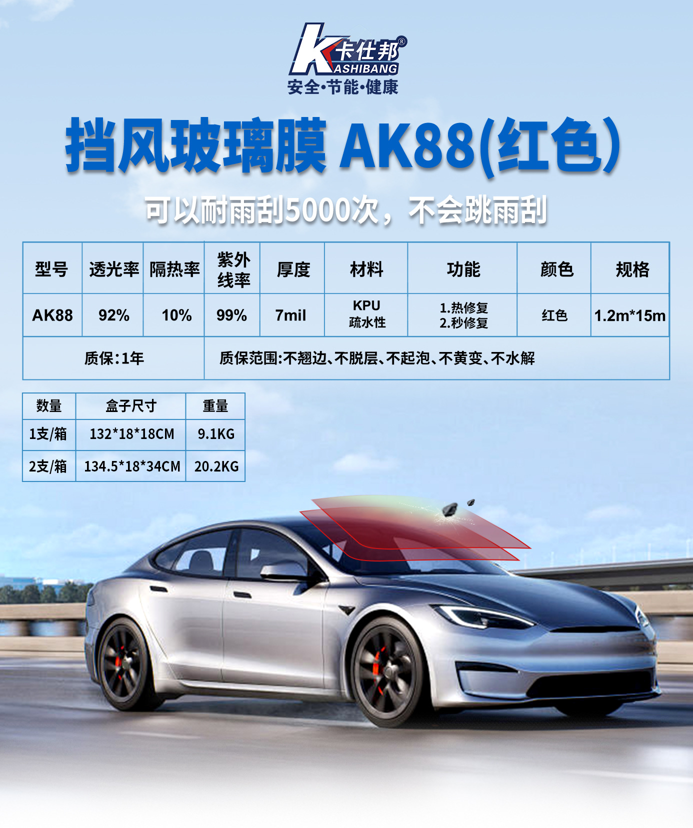 Ak88 Glass Protection Film for Car Front Windshield, Red Iridescent Color-Changing Film, Hydrophobic Car Film